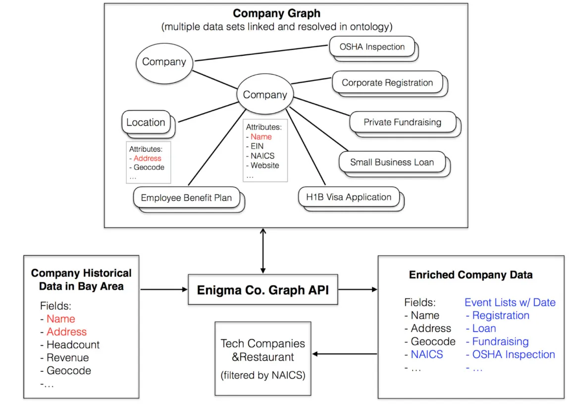company graph showing multiple data sets linked and resolved in ontology. A visualization of the Enigma company graph API gathering data.